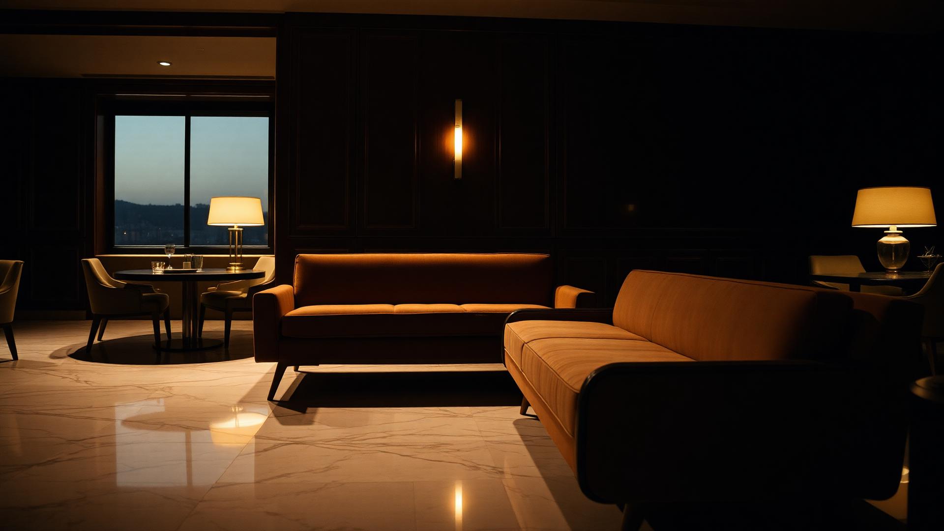 Ein elegantes restauriertes Sofa in einer High-End Hotellobby bei Dämmerung.