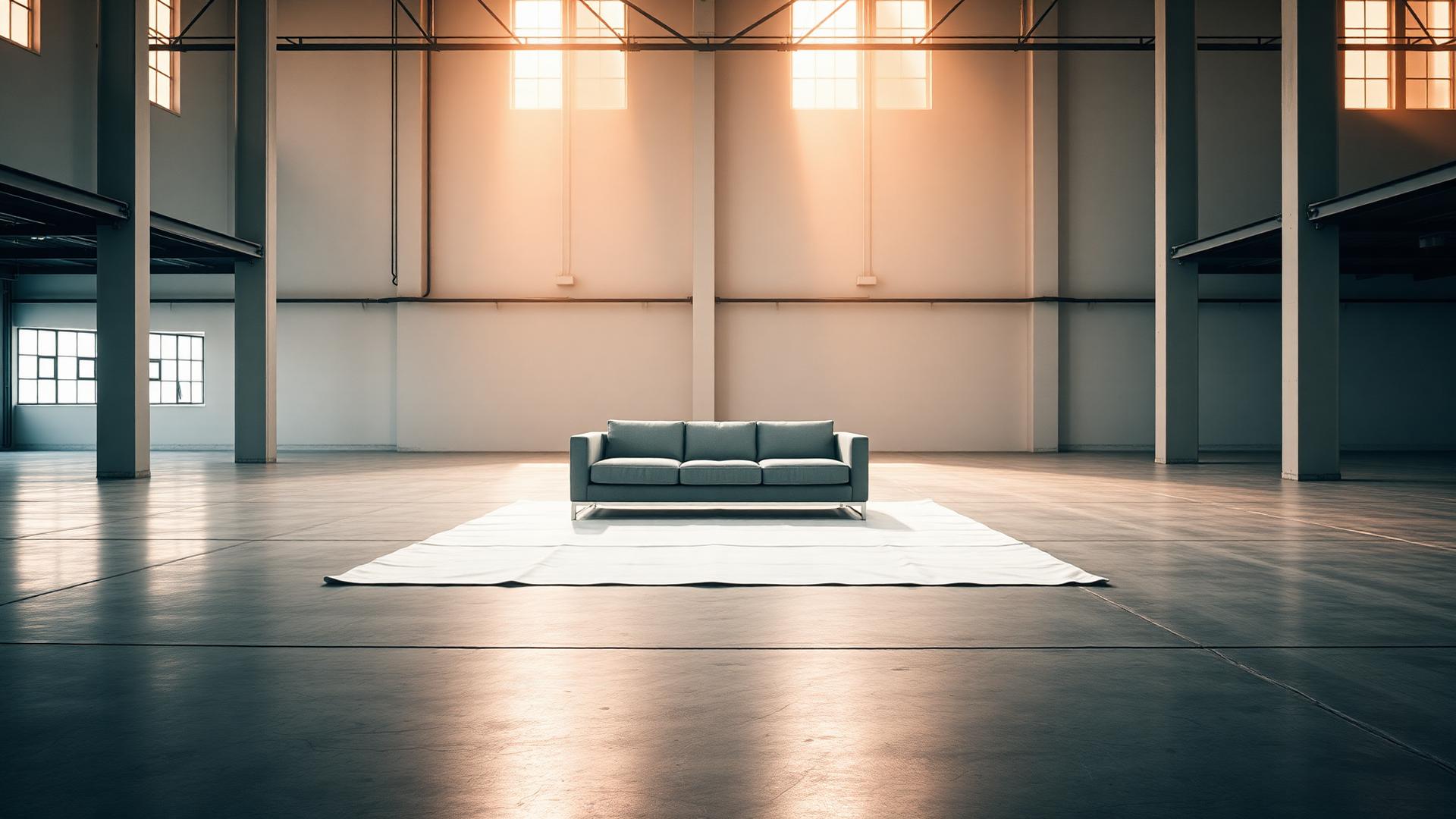 Ein einzelnes Designer-Sofa steht mit Sorgfalt in einer sauberen, weiten Manufaktur-Halle.