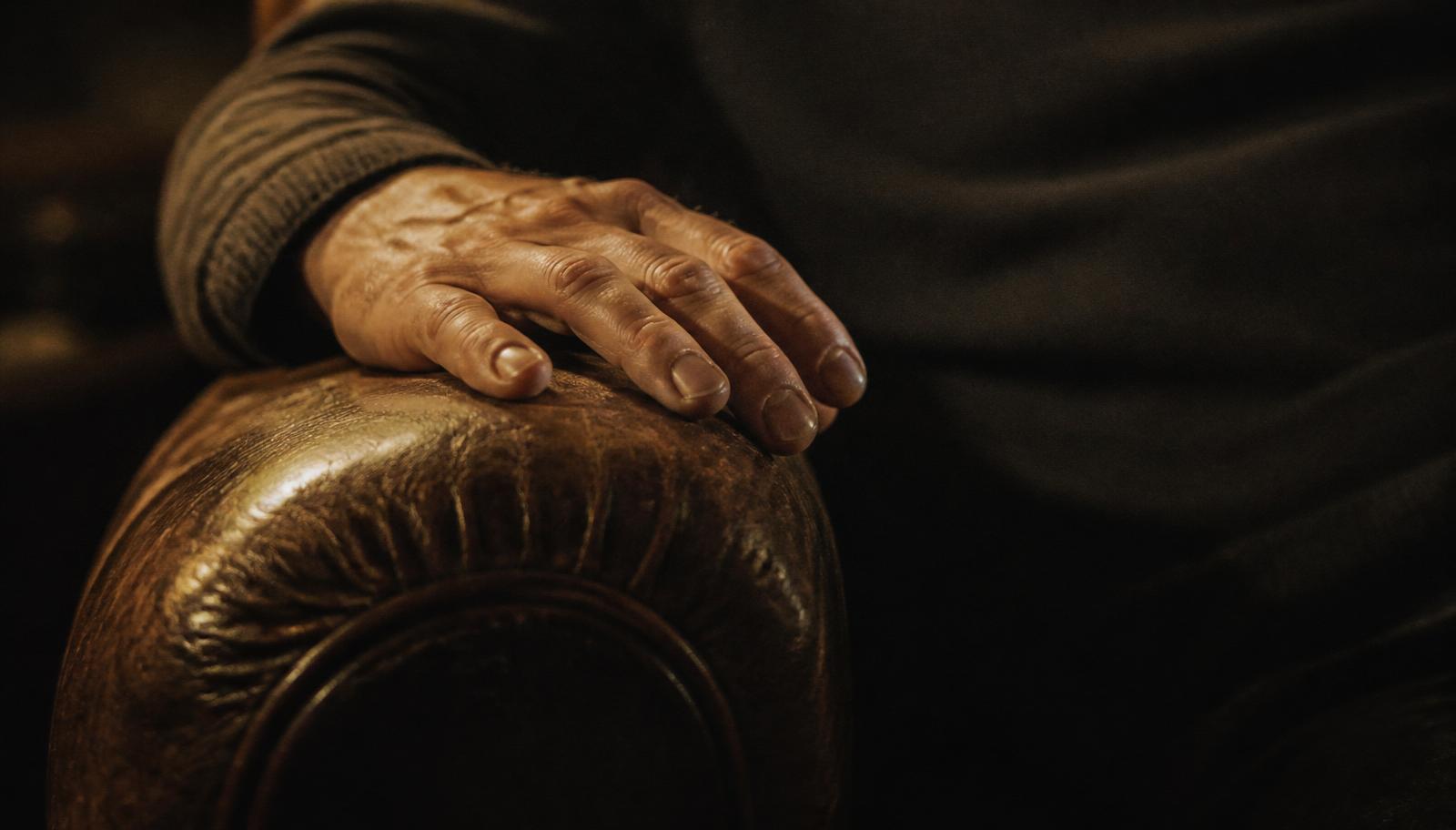 Nahaufnahme einer Hand auf der abgenutzten Lederarmlehne eines alten Designer-Sofas.